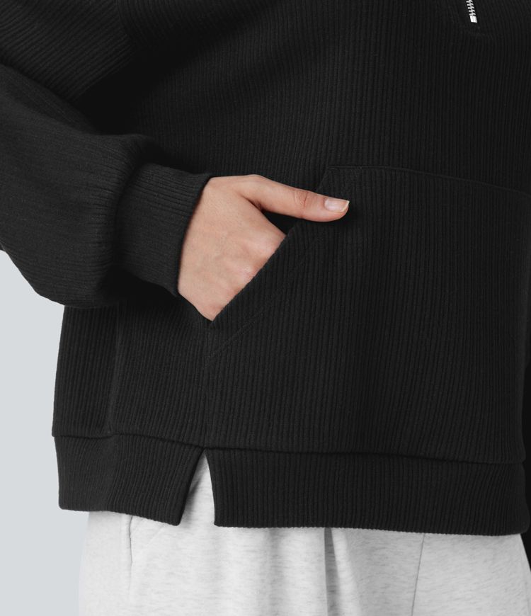 Rib knit stand-up collar half zip long sleeve kangaroo pocket split casual sweatshirt