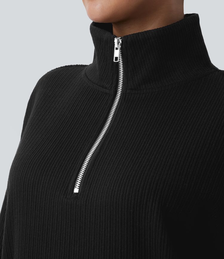 Rib knit stand-up collar half zip long sleeve kangaroo pocket split casual sweatshirt