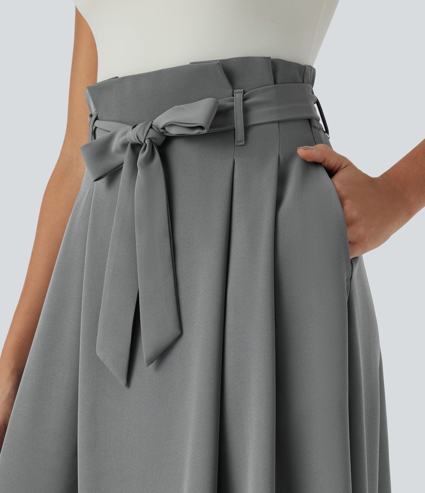 Paper bag high waist belt side pocket detail midi work skirt