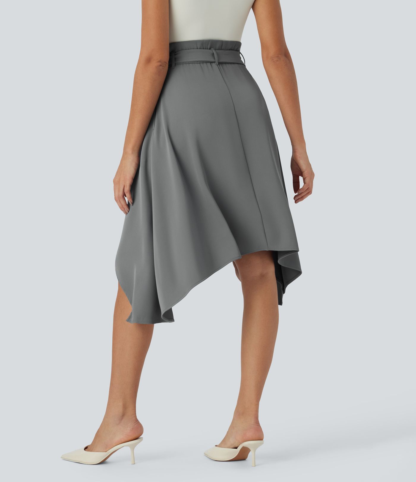 Paper bag high waist belt side pocket detail midi work skirt