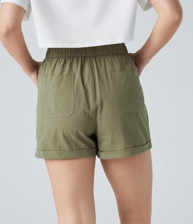 Pantalones cortos tacto lino dobladillo enrollado múltiple bolsillo tiro alto