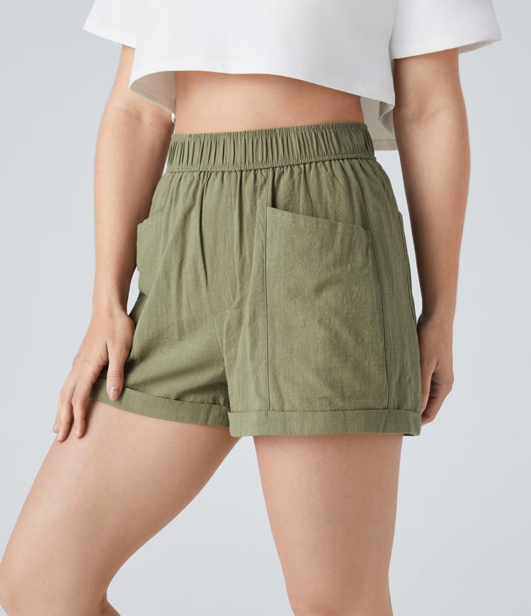 Pantalones cortos tacto lino dobladillo enrollado múltiple bolsillo tiro alto