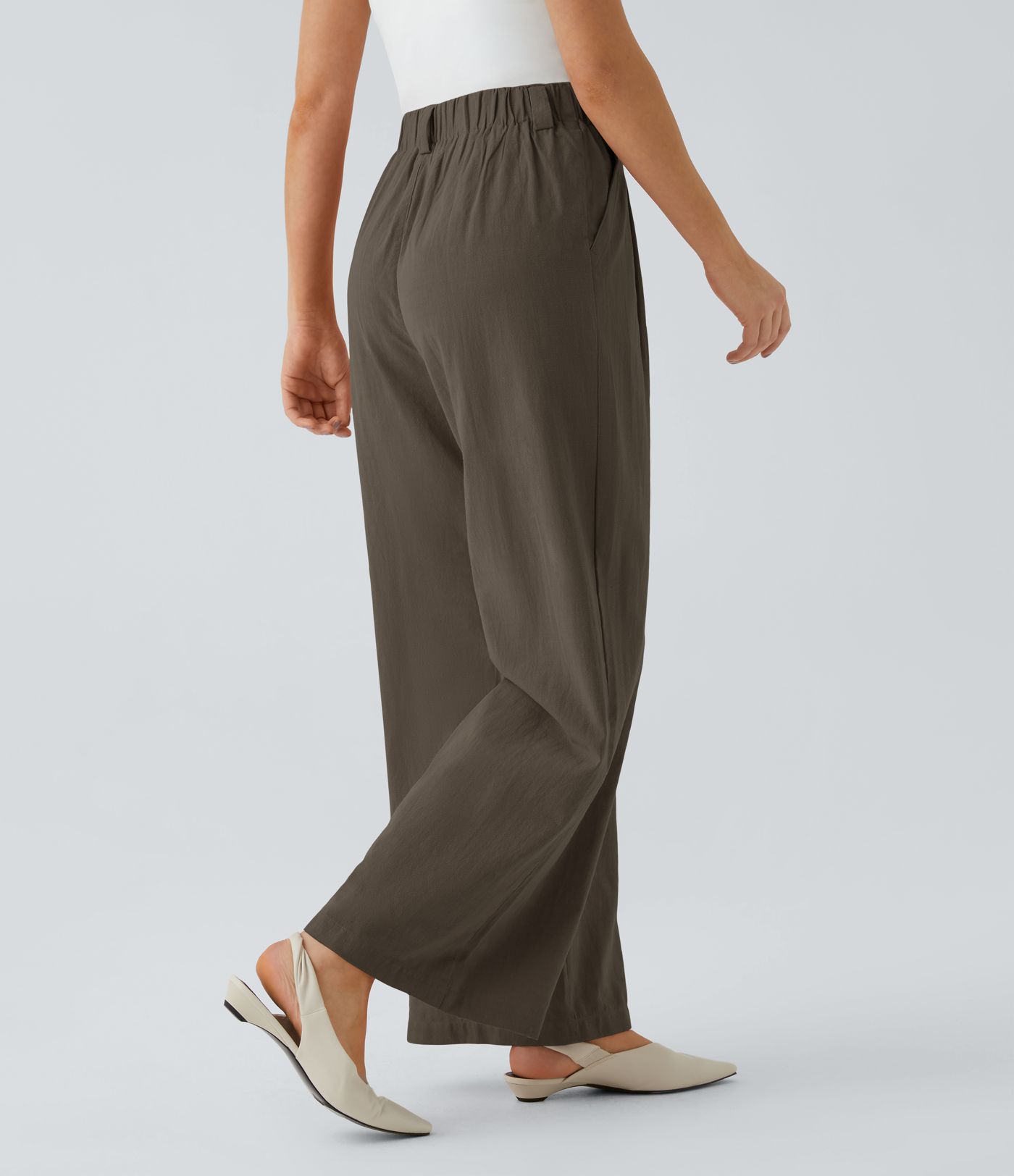 High Waisted Pocket Wide Leg Flowy Solid Palazzo Women Smart Casual Linen-Feel Pants