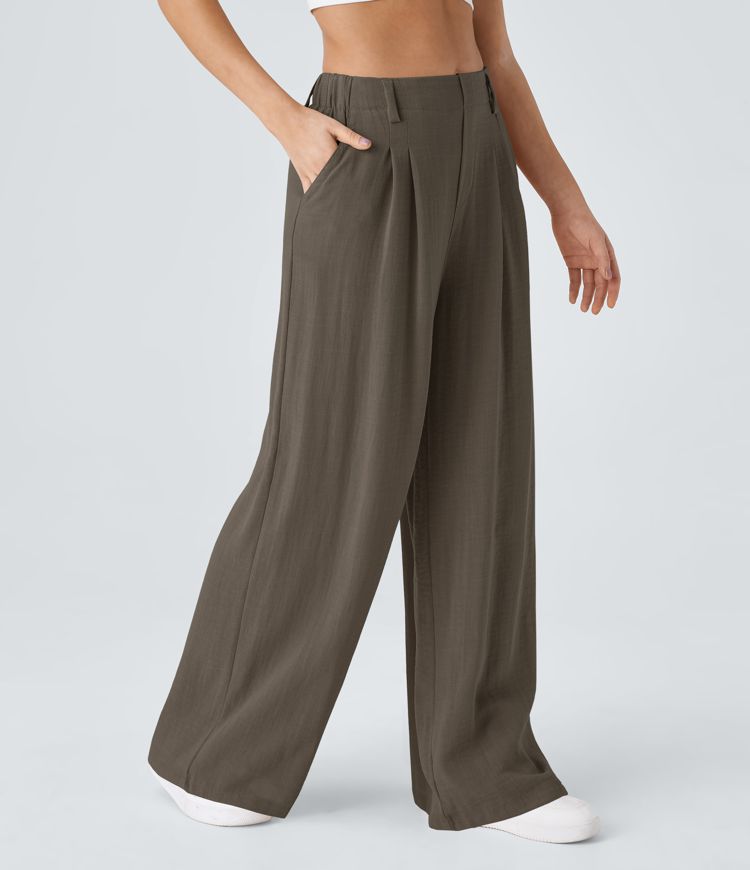 High Waisted Pocket Wide Leg Flowy Solid Palazzo Women Smart Casual Linen-Feel Pants