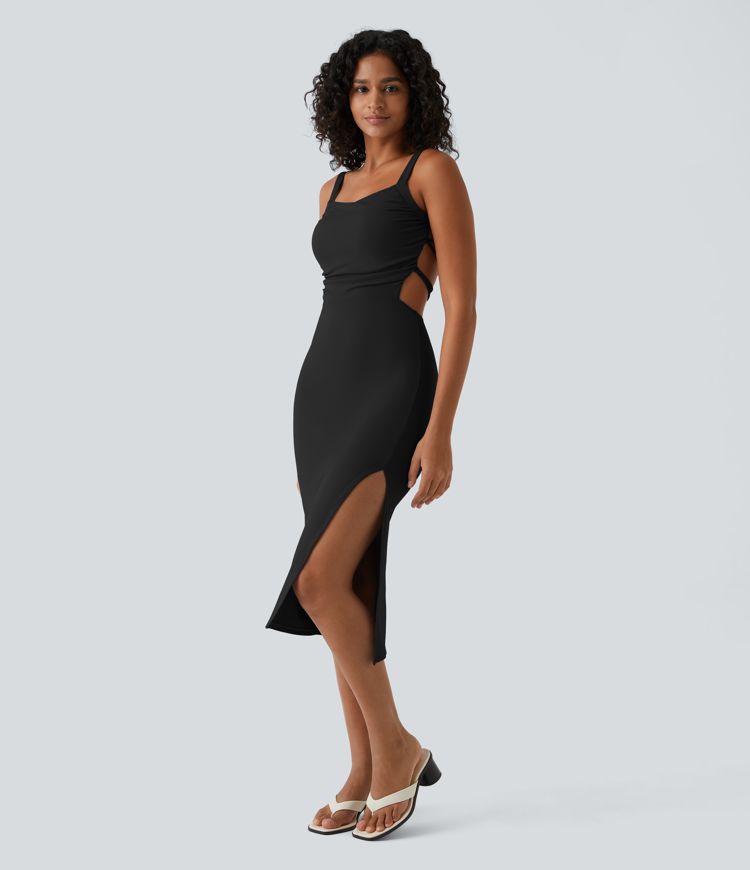 Ruched Backless Crisscross Lace Up Split Bodycon Midi Casual Dress