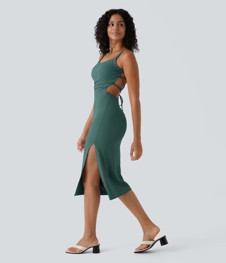 Ruched Lace Up Bodycon Midi Casual Dress