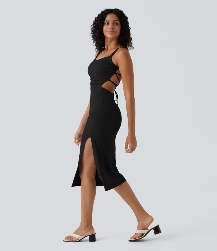 Ruched Backless Crisscross Lace Up Split Bodycon Midi Casual Dress