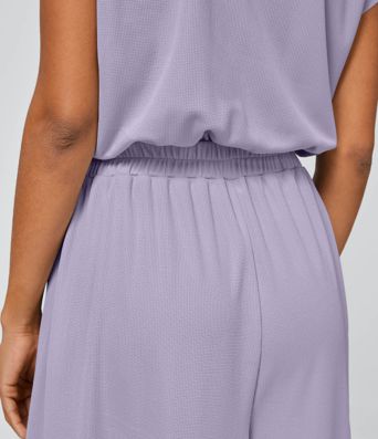 Combinaison Casual Col en V Jambes Large Plissée Manches Courtes Poche Latérale Gaufrée Fluide