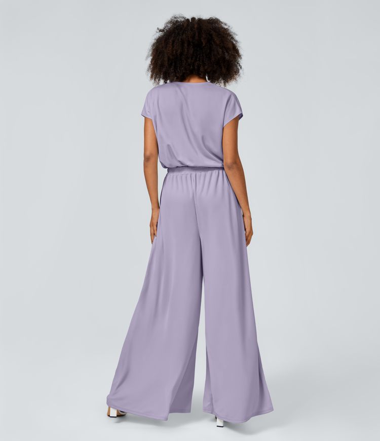 Combinaison Casual Col en V Jambes Large Plissée Manches Courtes Poche Latérale Gaufrée Fluide