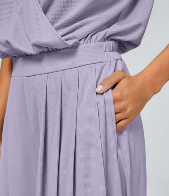 Combinaison Casual Col en V Jambes Large Plissée Manches Courtes Poche Latérale Gaufrée Fluide