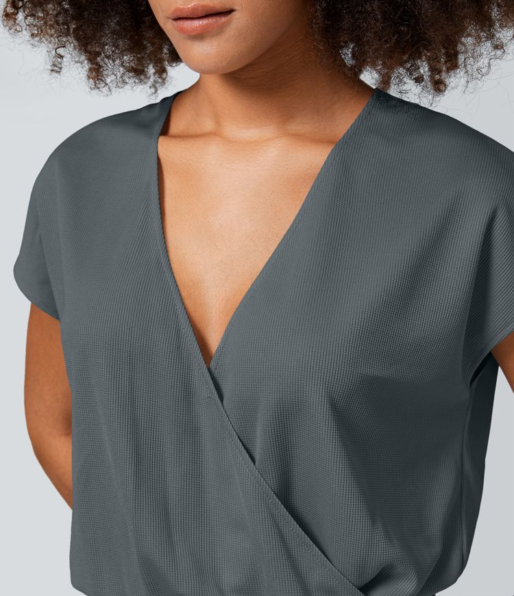 V Neck Short Sleeve Side Pocket Wide Leg Flowy Waffle Casual Jumpsuit