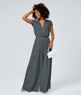 V Neck Short Sleeve Side Pocket Wide Leg Flowy Waffle Casual Jumpsuit