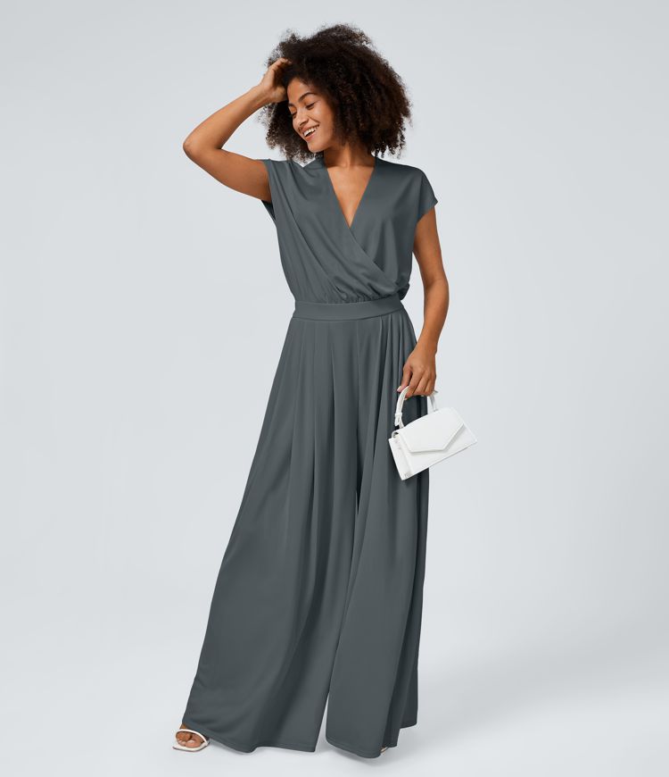 V Neck Short Sleeve Side Pocket Wide Leg Flowy Waffle Casual Jumpsuit