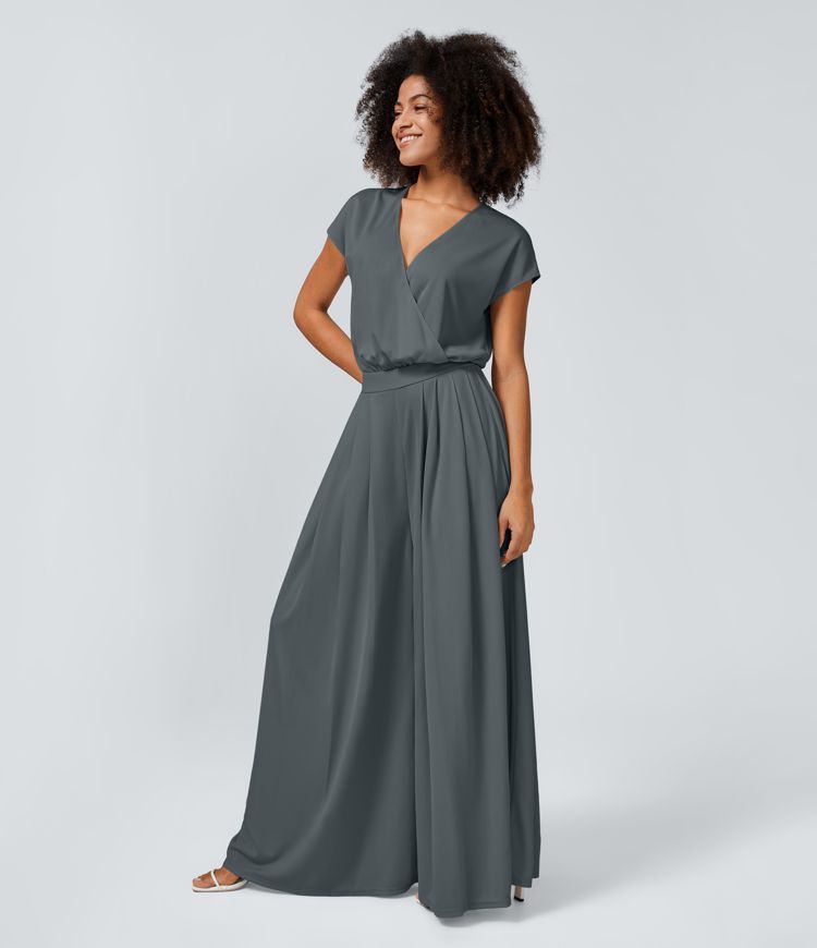 V Neck Short Sleeve Side Pocket Wide Leg Flowy Waffle Casual Jumpsuit
