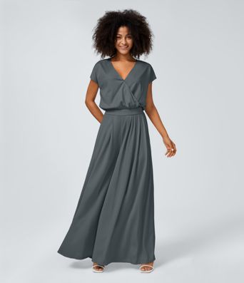 V Neck Short Sleeve Side Pocket Wide Leg Flowy Waffle Casual Jumpsuit