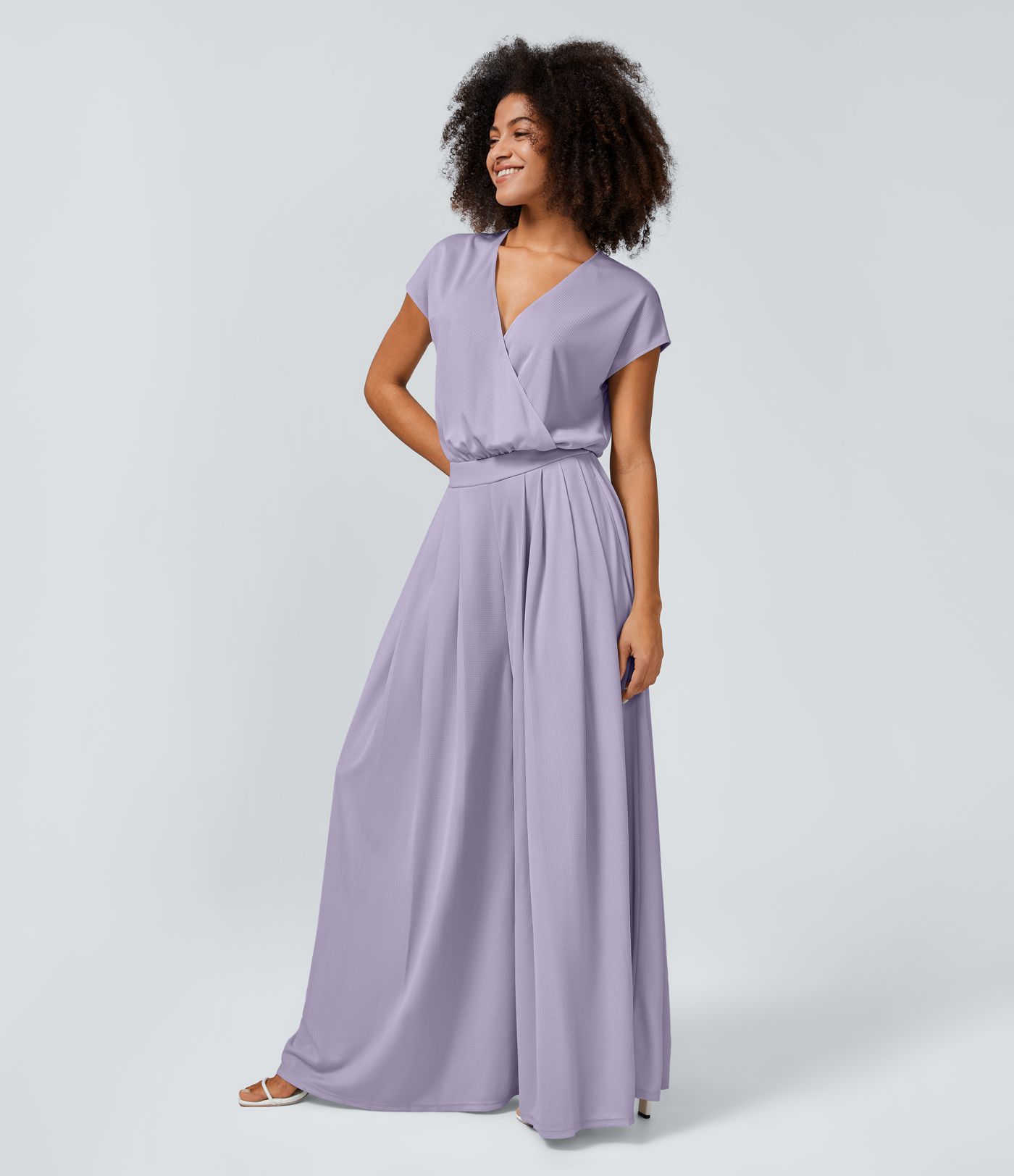 Combinaison Casual Col en V Jambes Large Plissée Manches Courtes Poche Latérale Gaufrée Fluide