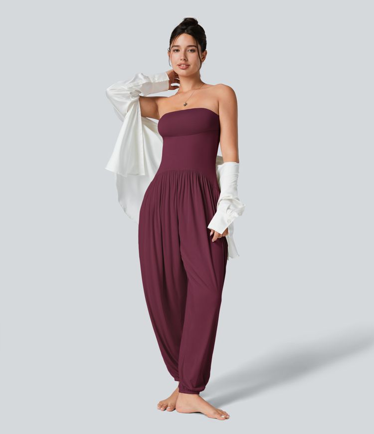 Ribbed Tube Backless Side Pocket Casual Jumpsuit