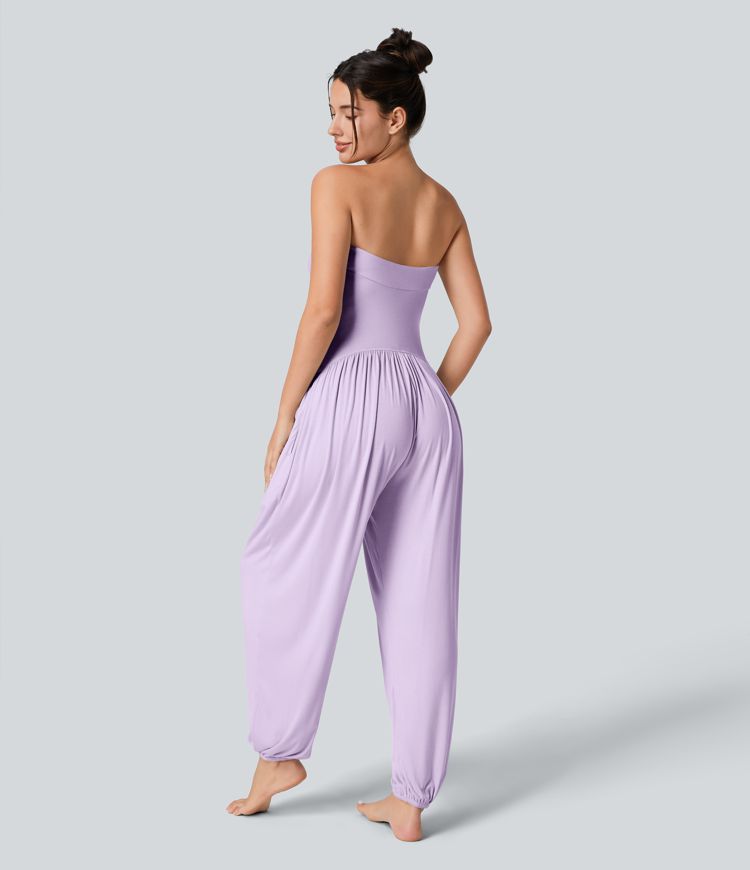 Ribbed Tube Backless Side Pocket Casual Jumpsuit