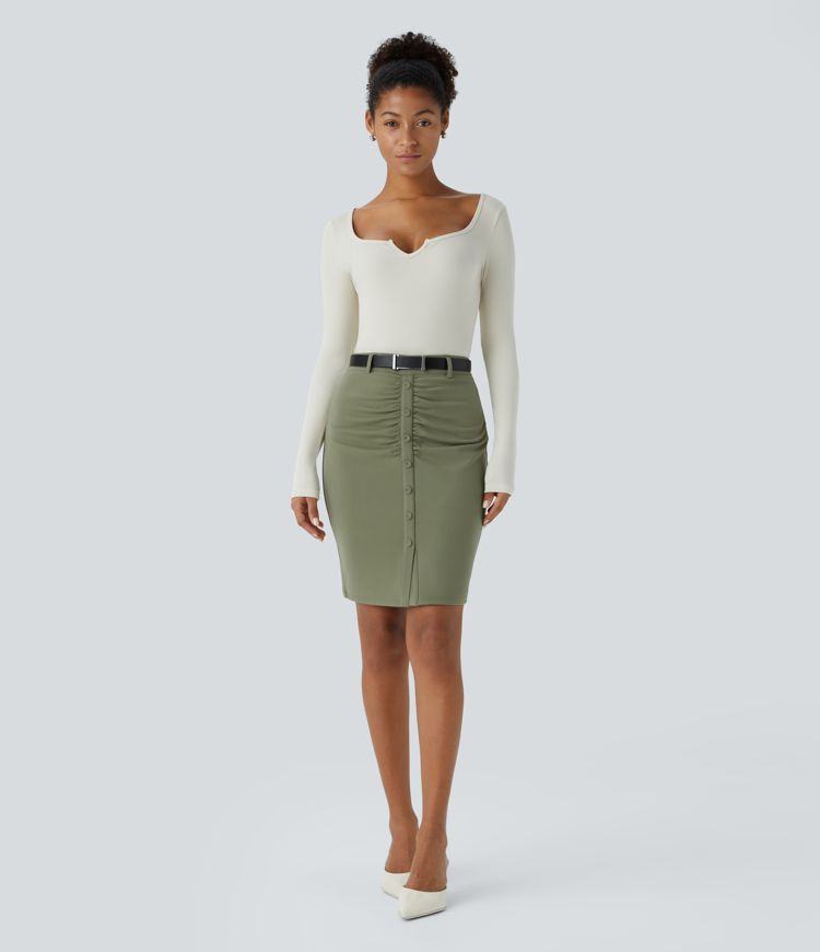 High Waisted Decorative Button Ruched Split Hem Work Pencil Skirt