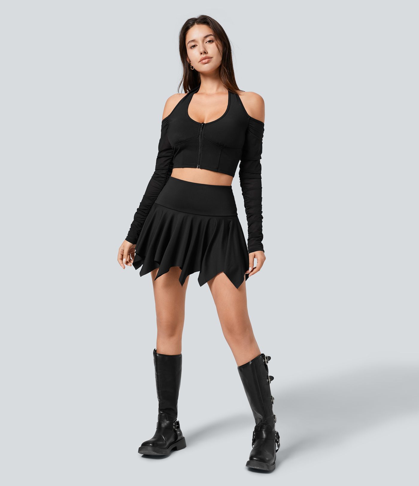 Jupe de Danse Micro Mini à Ourlet Mouchoir avec Poche Taille Haute 2-en-1