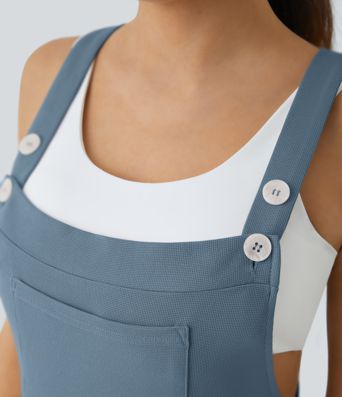 Salopette Casual Bretelles Ajustables Boutonnés Multiples Poches Plis et Tissu Gaufré
