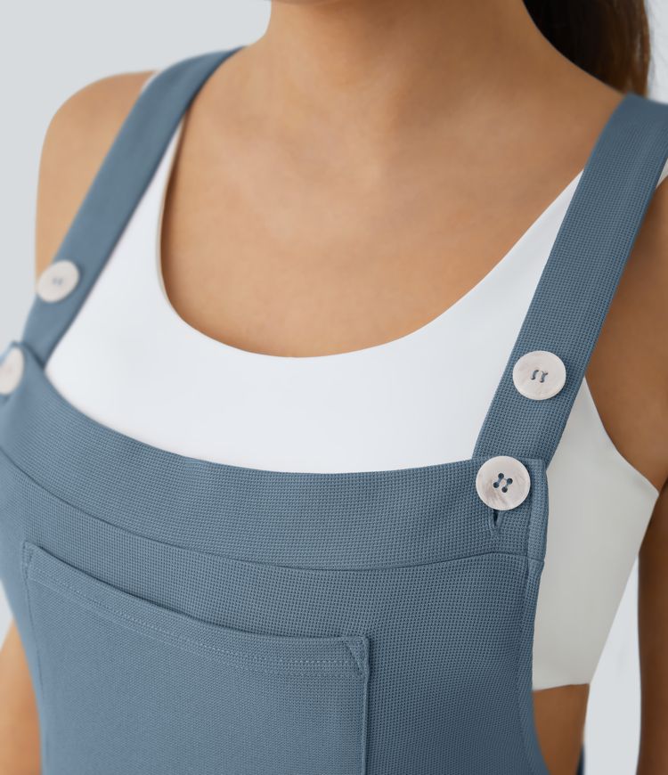 Salopette Casual Bretelles Ajustables Boutonnés Multiples Poches Plis et Tissu Gaufré