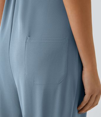 Salopette Casual Bretelles Ajustables Boutonnés Multiples Poches Plis et Tissu Gaufré