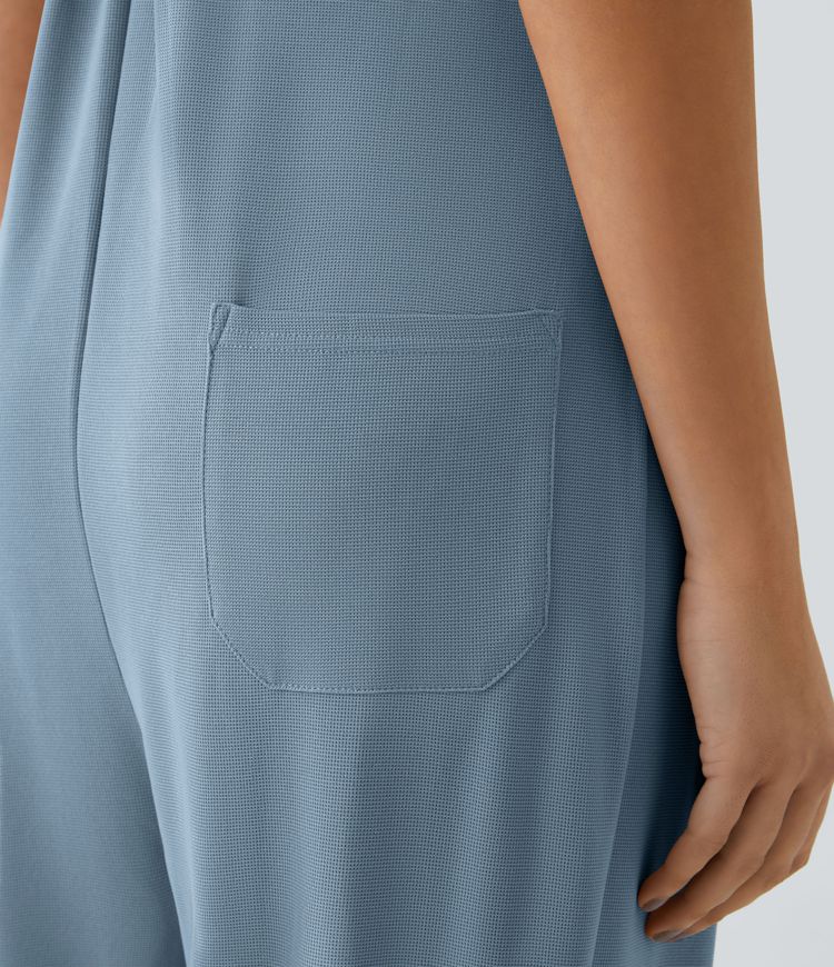 Salopette Casual Bretelles Ajustables Boutonnés Multiples Poches Plis et Tissu Gaufré