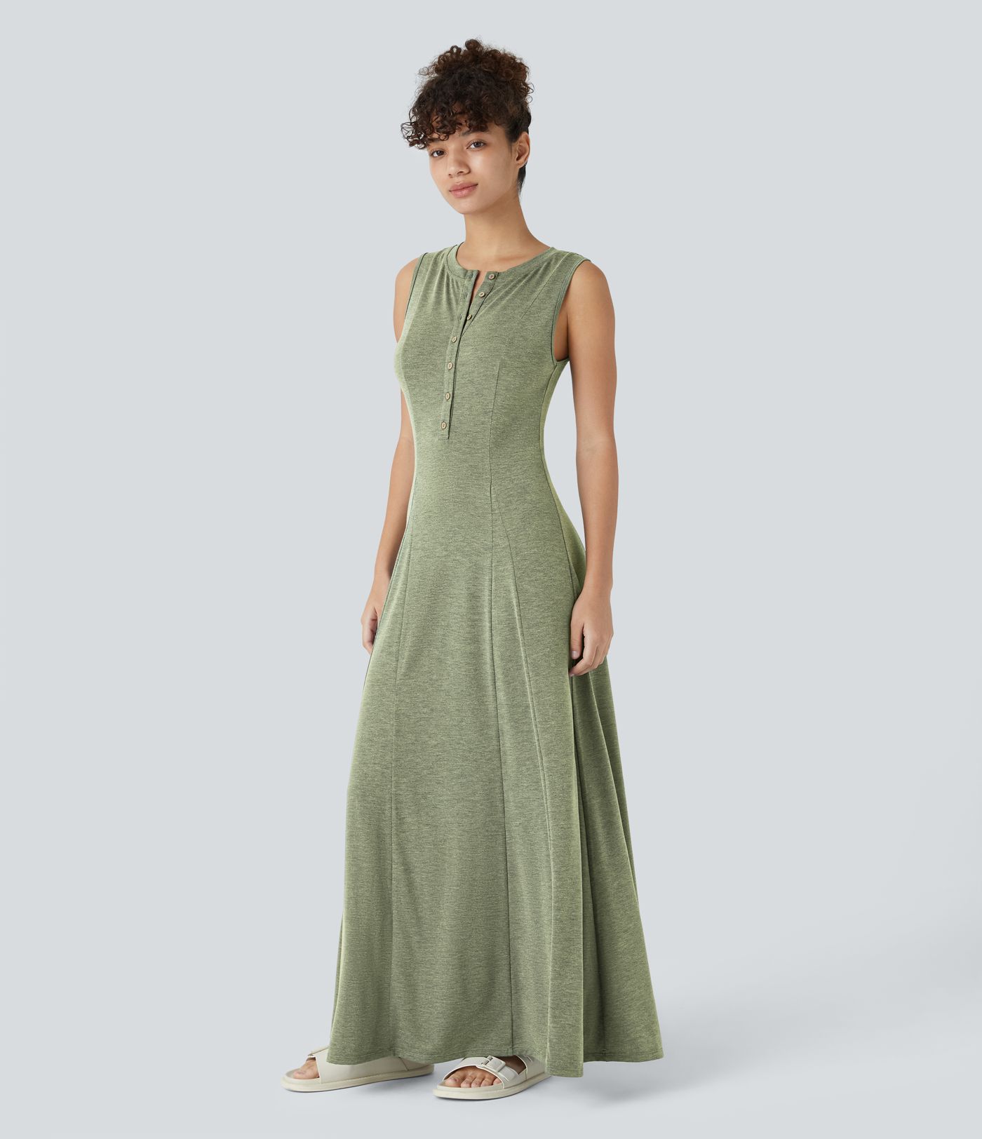 Robe Casual Maxi Col Rond Sans Manches Boutonnés