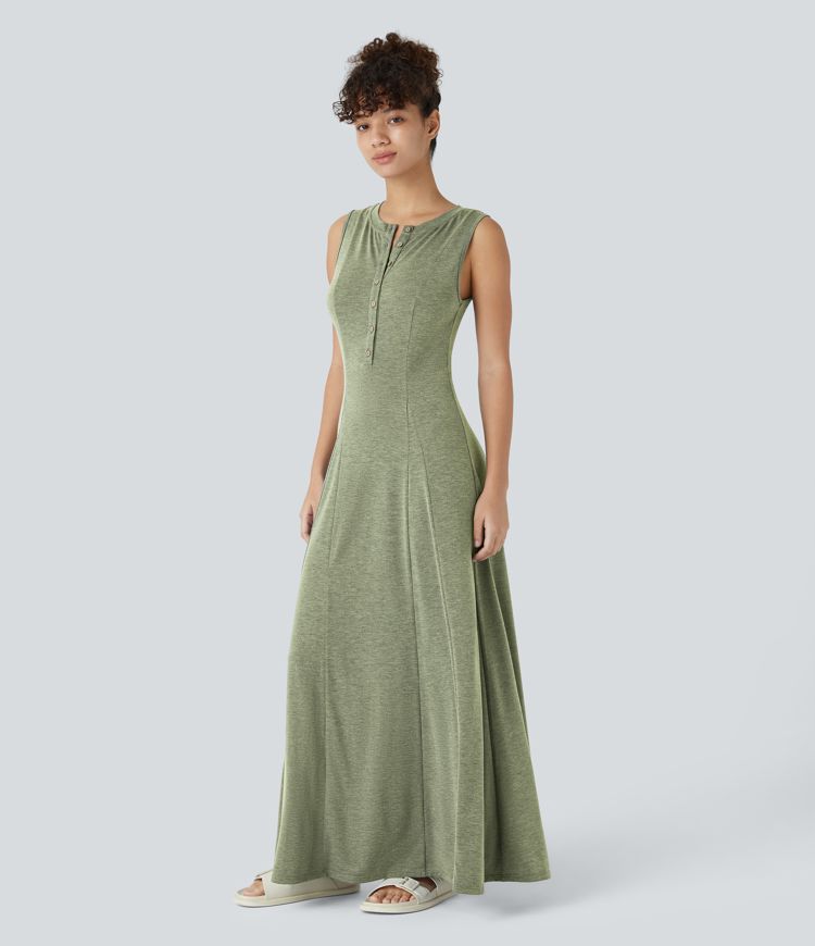 Robe Casual Maxi Col Rond Sans Manches Boutonnés