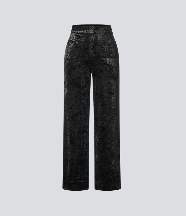 High Waisted Pockets Straight Leg Velvet Casual Pants