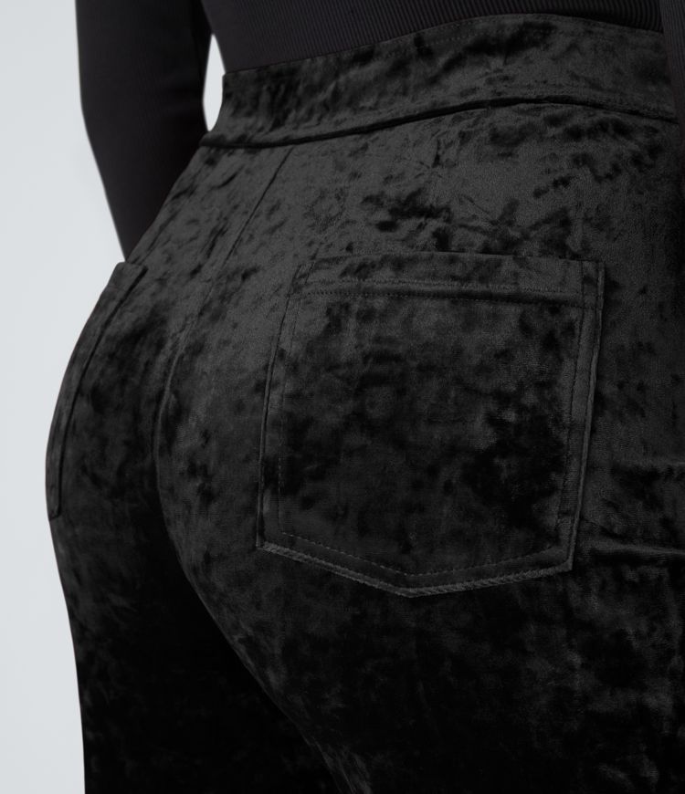 High Waisted Pockets Straight Leg Velvet Casual Pants