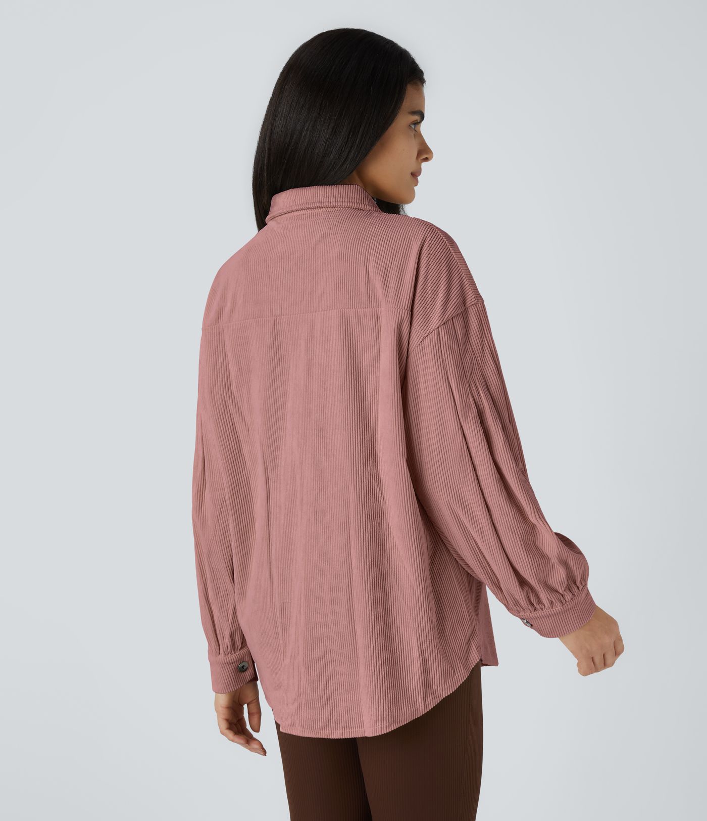 Veste Casual en Velours Côtelé à Col Boutonné Poches et Manches Longues Ourlet Courbé