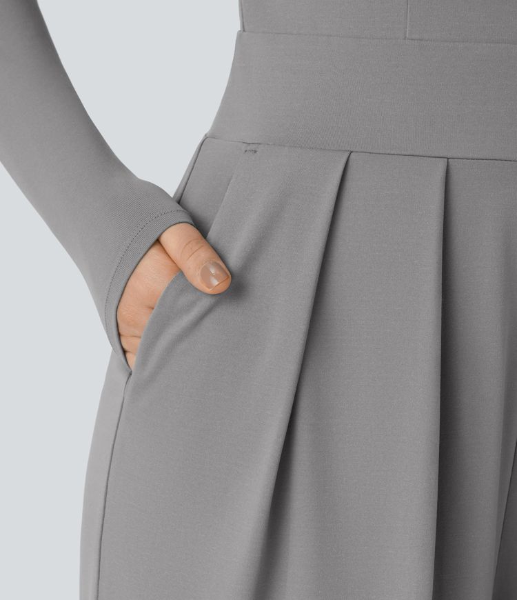 Mono cuello V sin espalda manga larga bolsillo lateral plisado pierna ancha