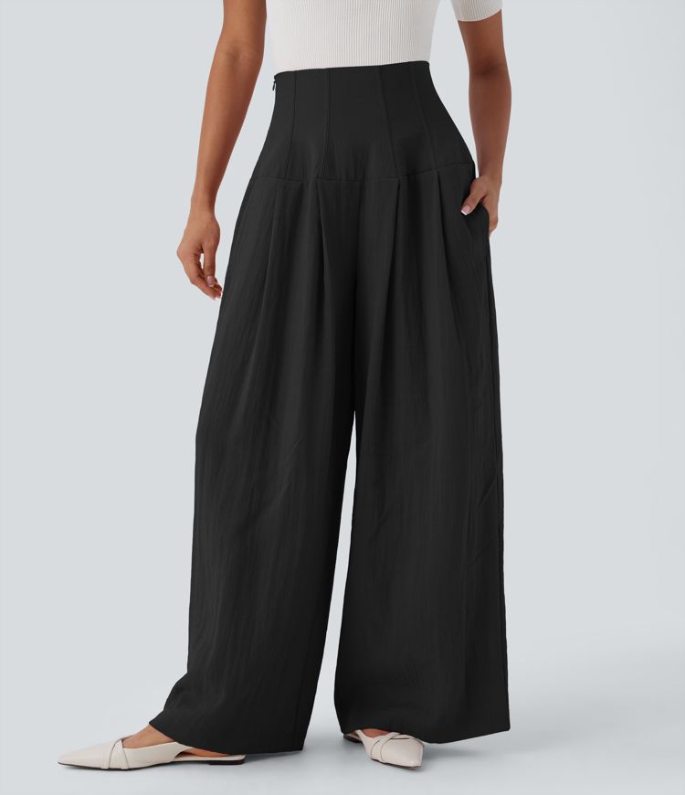 Pantalon large taille très haute en tissu aspect lin avec poches froncées et fermeture invisible
