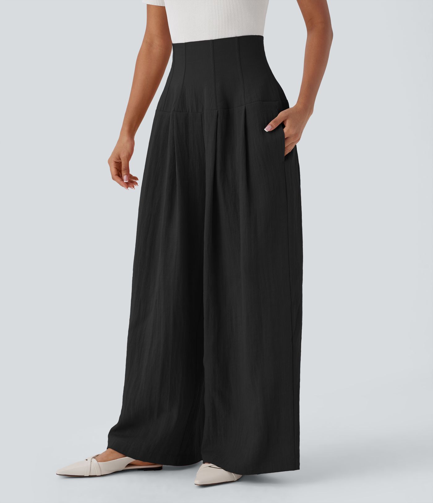 Halara Flex™ Super High Waisted Shirred Pockets Wide Leg Work Linen-Feel Trousers