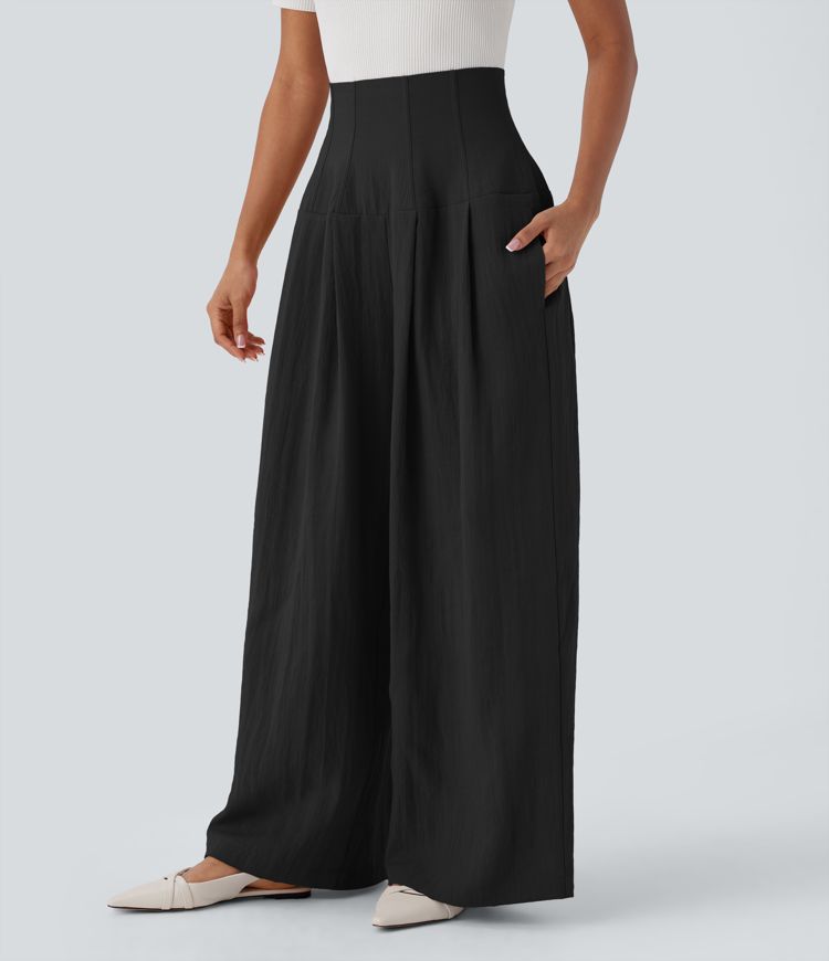 Halara Flex™ Super High Waisted Shirred Pockets Wide Leg Work Linen-Feel Trousers