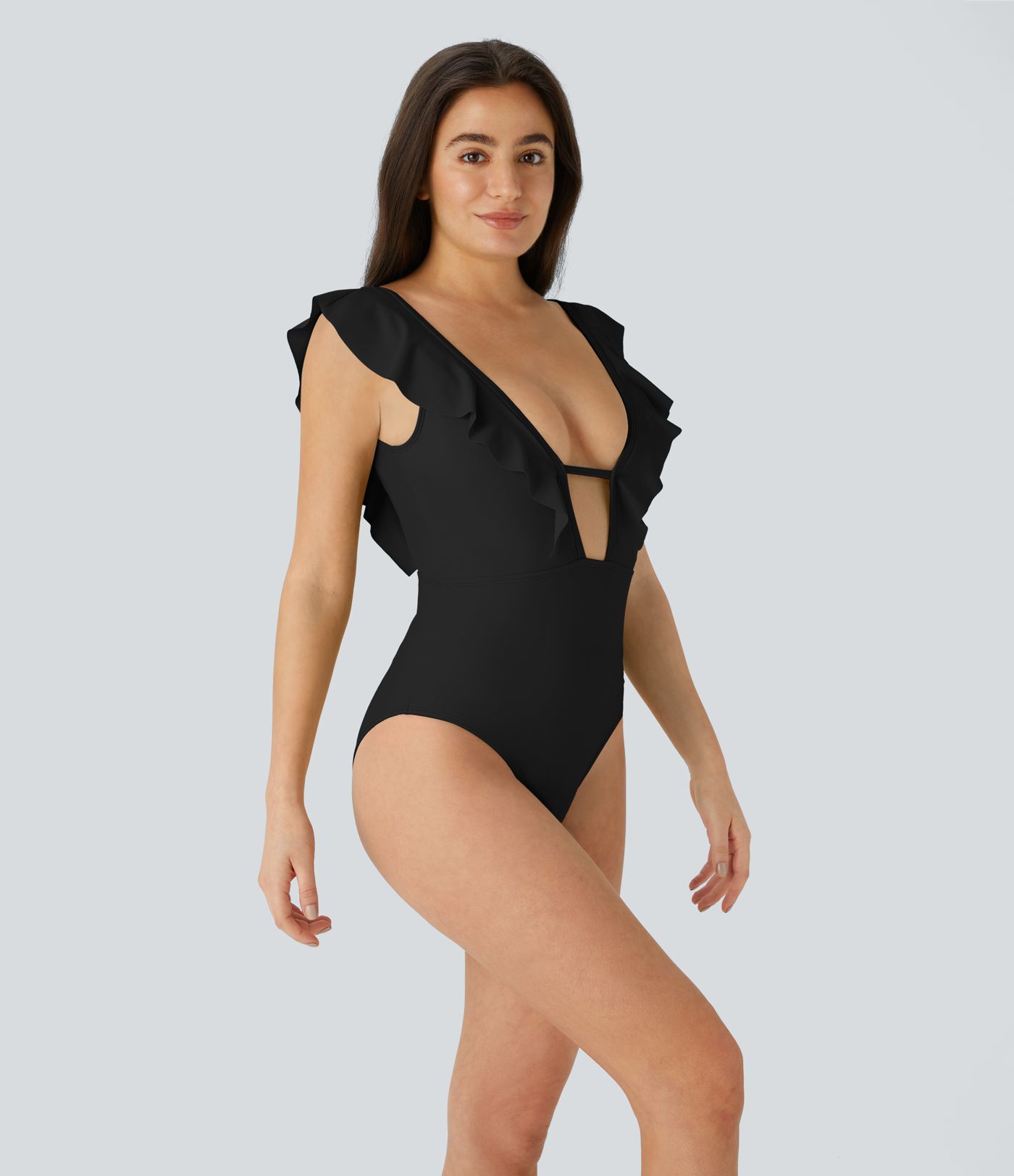 Traje baño una pieza sin espalda volante cuello V profundo