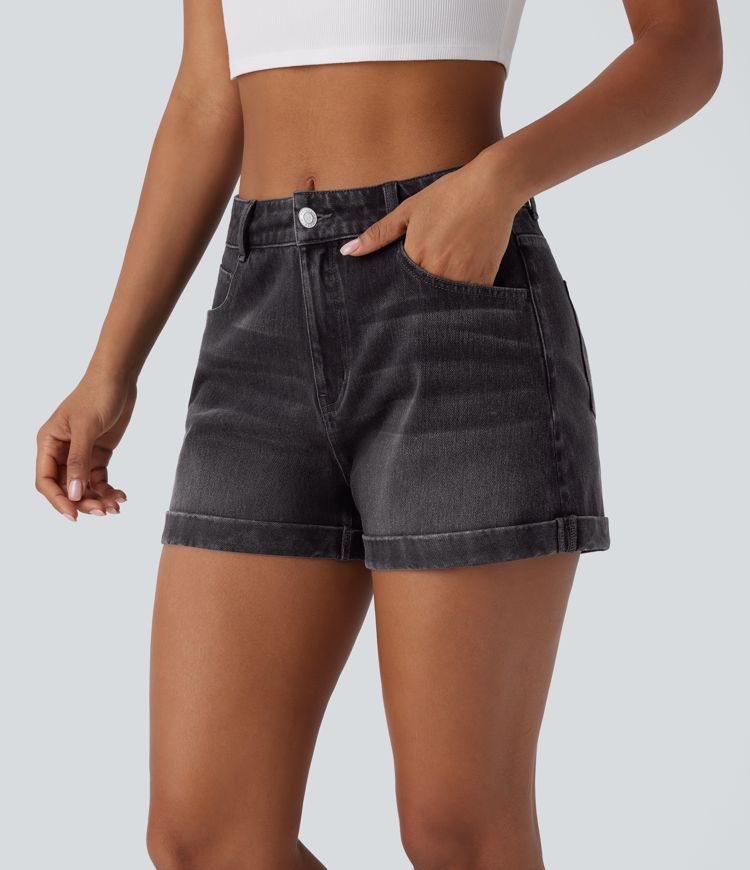Halara Flex™ Mid Rise Button Zipper Multiple Pockets Stretchy Knit Denim Casual Shorts 3''