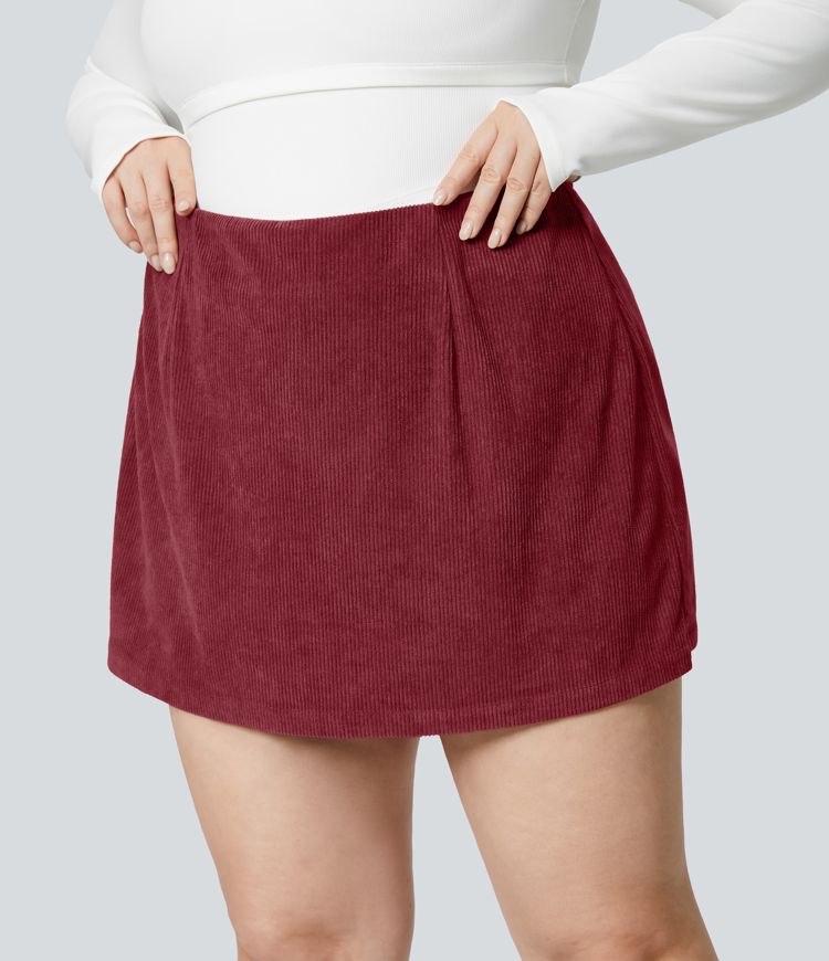 High Waisted 2-in-1 A Line Mini Corduroy Casual Plus Size Skirt