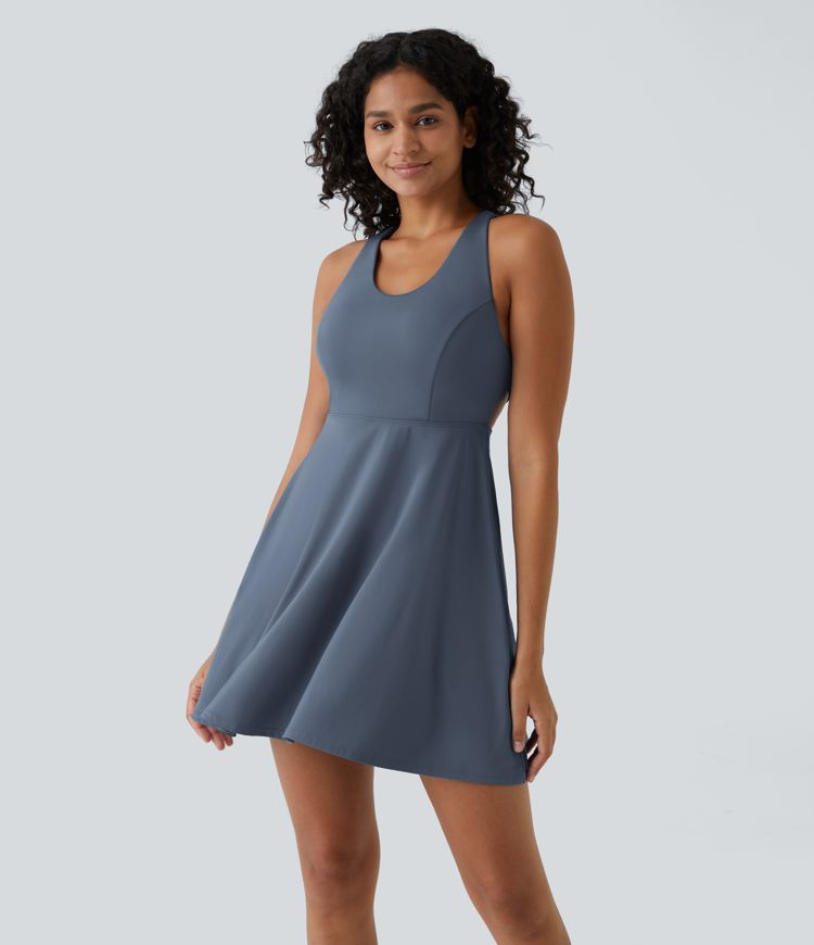 Crisscross Backless Flare 2-Piece Pocket Dance Active Dress