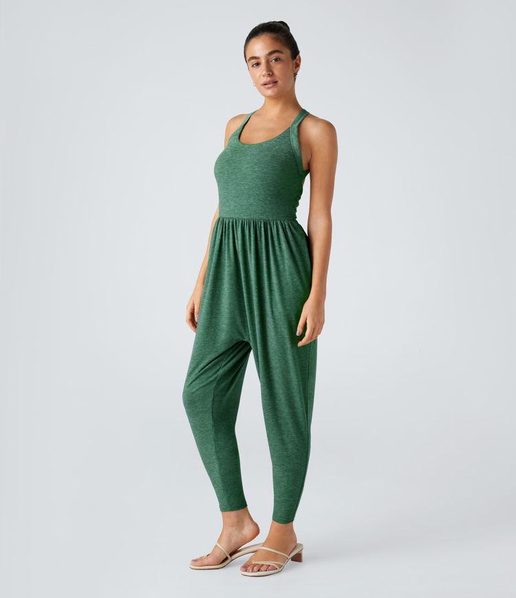 Backless Twisted U Neck Plicated Side Pocket Harem Casual Jumpsuit