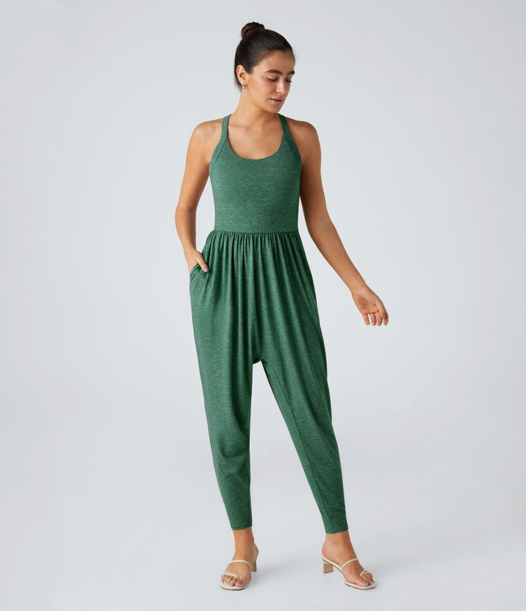 Backless Twisted U Neck Plicated Side Pocket Harem Casual Jumpsuit