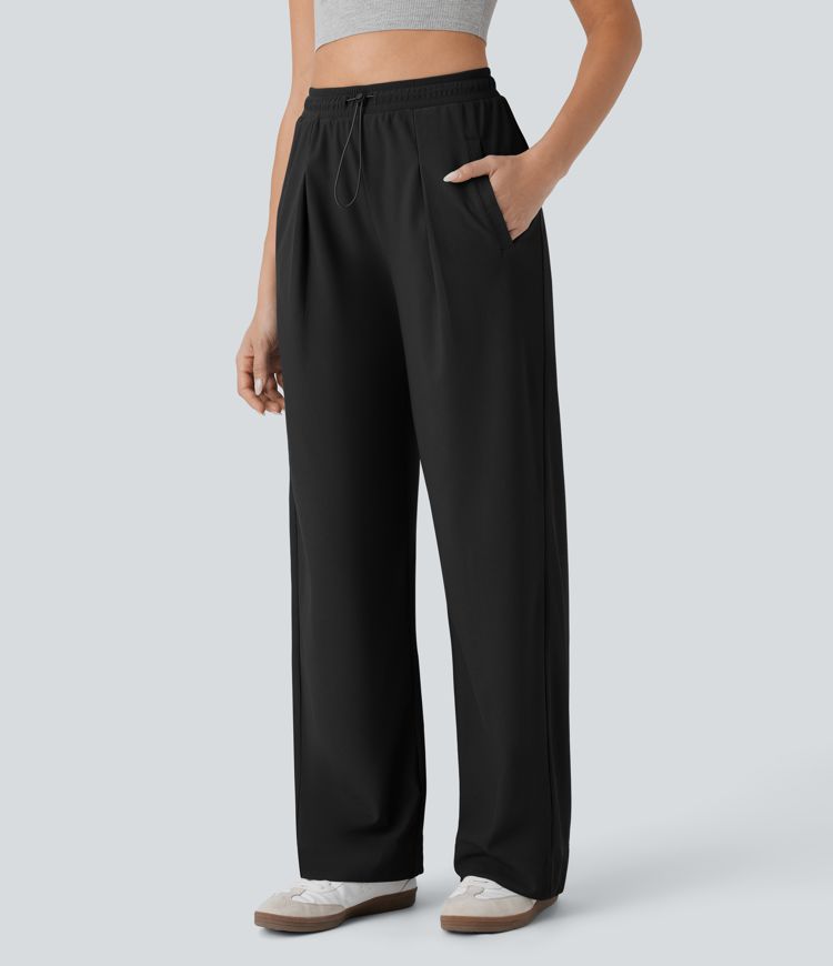 Højtaljede, rette bukser med lommer, mikrowaffle-struktur og afslappet pasform