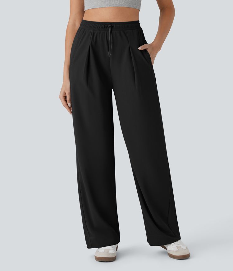 Højtaljede, rette bukser med lommer, mikrowaffle-struktur og afslappet pasform