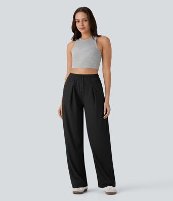 Højtaljede, rette bukser med lommer, mikrowaffle-struktur og afslappet pasform