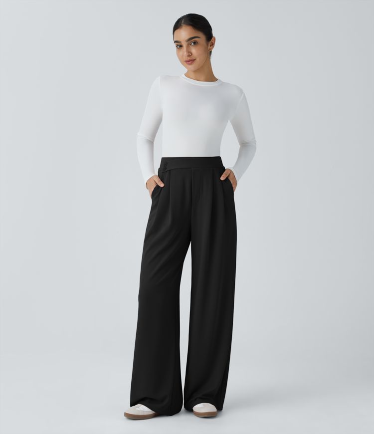 High Waisted Pocket Wide Leg Waffle Casual Pants