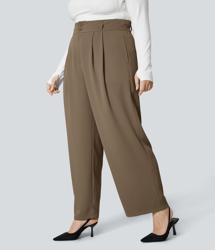 High Waisted Zipper Pocket Shirred Straight Leg Work Plus Size Pants