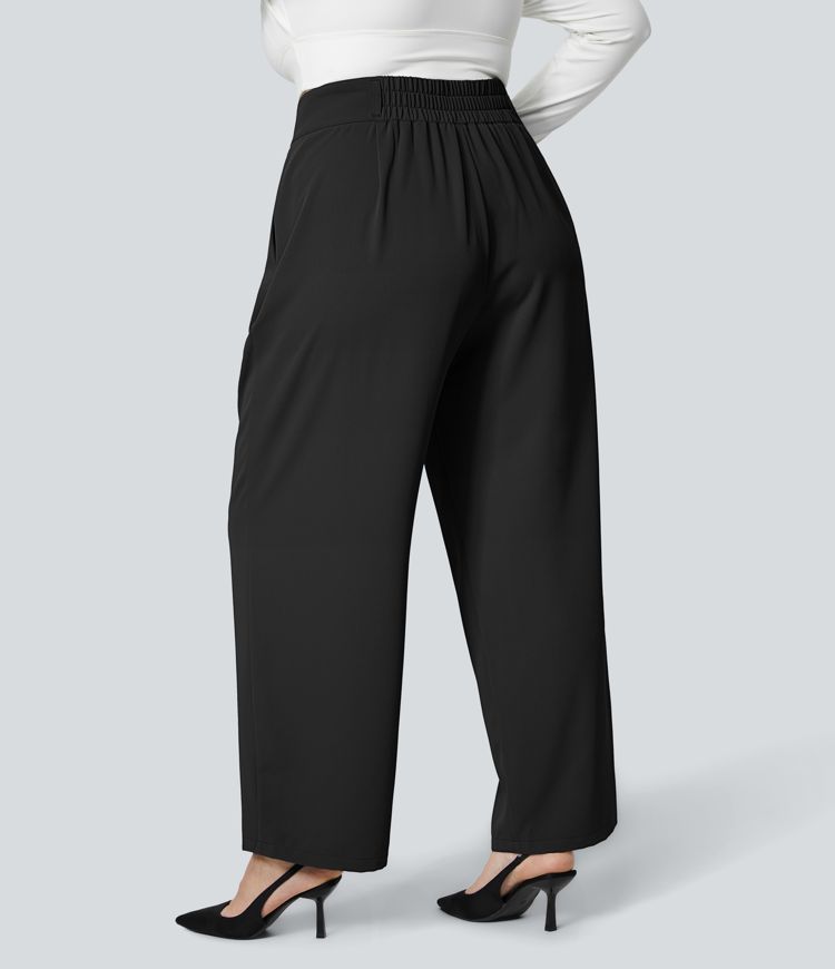 High Waisted Button Zipper Plicated Side Pocket Shirred Straight Leg Work Plus Size Pants