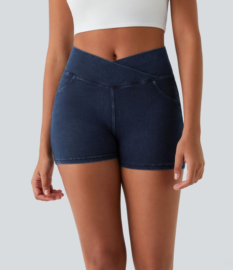 HalaraMagic™ High Waisted Crossover Back Side Pocket Stretchy Knit Denim Casual Shorts 3"